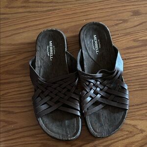 Merrell Dark Brown Woven Leather Slide Sandals